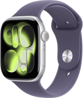 Умные часы Apple Watch Series 11 46 мм (алюминиевый корпус, серебристый/фиолетовый туман, спортивный силиконовый ремешок S/M)