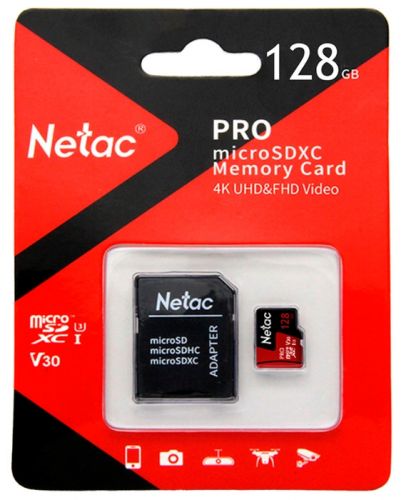 Карта памяти MicroSDXC 128GB V30/A1/C10 Netac P500 Extreme Pro с адаптером