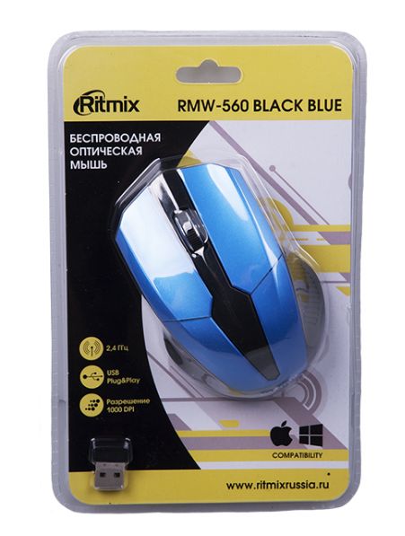 Мышь беспроводная Ritmix RMW-560, оптическая, 1 000 dpi, 3 кнопки (черный, синий)
