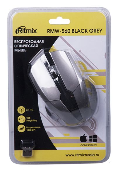 Мышь беспроводная Ritmix RMW-560, оптическая, 1 000 dpi, 3 кнопки (черный, серый)