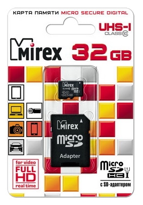 Карта памяти Mirex microSDHC 32GB Class 10 UHS-I U1 + SD adapter 13613-ADSUHS32