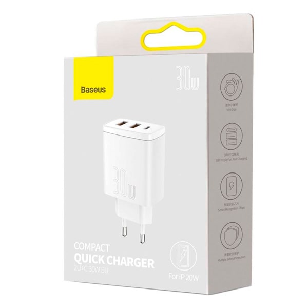 Сетевое зарядное устройство Baseus Compact Quick Charger 2U+C, 30W, белое