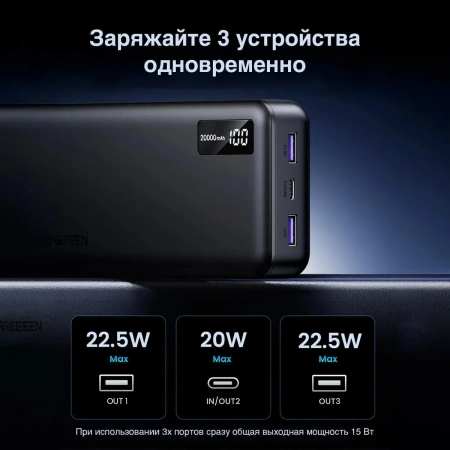 Портативное зарядное устройство Ugreen PB312 20000mAh (темно-серый)