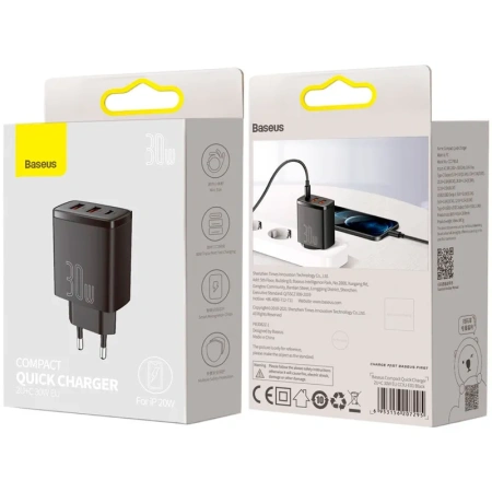 Сетевое зарядное устройство Baseus Compact Quick Charger 2U+C, 30W, черное