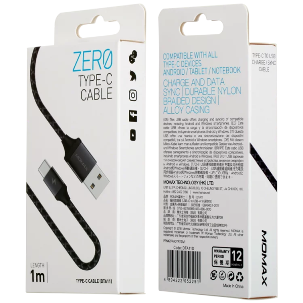 Кабель Momax Zero DTA11D (USB-A/USB-C, 1м, серый)