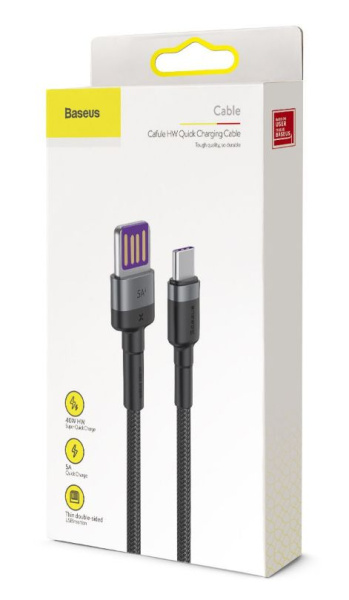 Кабель Baseus Cafule HW Quick Charging USB Blind Interpolation For Type-C, 40W, 1м, серо-черный