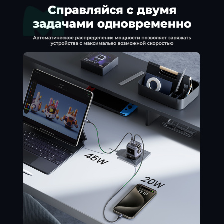 Сетевое зарядное устройство Ugreen Nexode Robot GaN CD361 (65W, сиреневый)