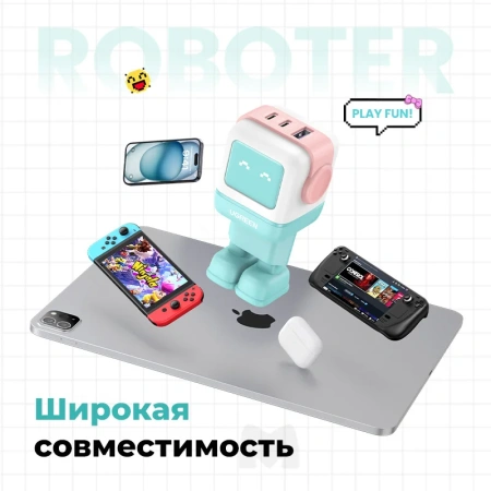 Сетевое зарядное устройство Ugreen Nexode Robot GaN CD361 (65W, голубой/розовый)