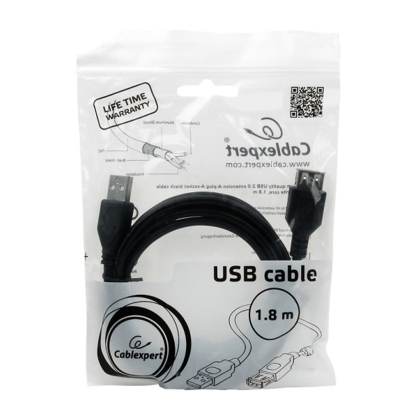 Удлинитель USB Type-A Cablexpert CCF-USB2-AMAF-6 (USB 2.0, AM-AF, 1.8 м, черный)