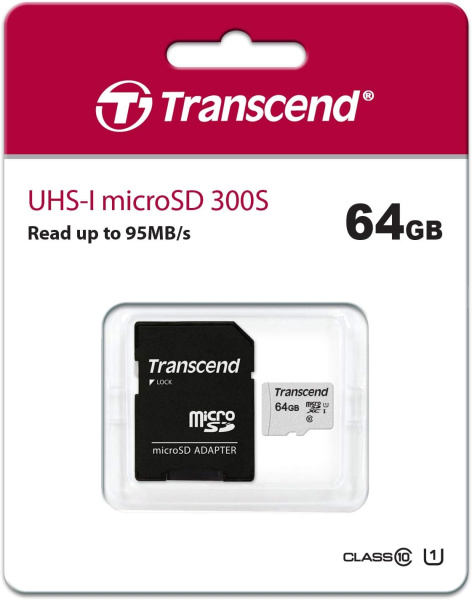 Карта памяти Transcend microSDXC 300S 64GB TS64GUSD300S-A + адаптер
