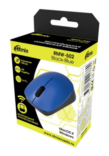 Мышь беспроводная Ritmix RMW-502, оптическая, 1 200 dpi, 3 кнопки (синий/черный)