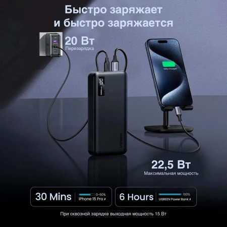 Портативное зарядное устройство Ugreen PB312 20000mAh (темно-серый)