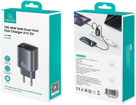 Сетевое зарядное Usams CC290 T66 45W GaN (черный)