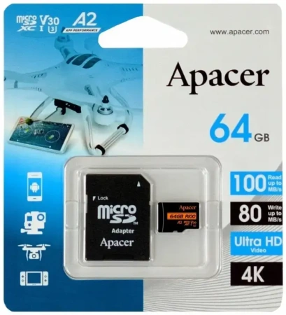 Карта памяти Apacer 64GB microSDXC AP64GMCSX10U8-R (с адаптером)